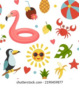 Summer beach travel pattern. Tropical resort. Summertime rest. Vacation graphic bag. Cartoon print texture. Sea party art. Paper hat on sand. Fruits and animals. Vector seamless background