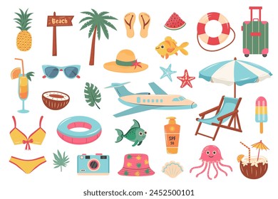 Summer beach travel set. Cute cartoon stickers collection. Summer holiday, beach rest, vacation concept.