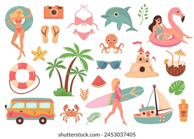 Summer beach travel set. Cute cartoon stickers collection. Summer holiday, beach rest, vacation concept.