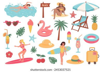 Summer beach travel set. Cute cartoon stickers collection. Summer holiday, beach rest, vacation concept.