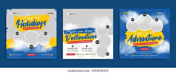 Summer beach travel and tourism business marketing social media post or web banner template. Winter holiday travel or travelling sale advertisement flyer with grunge paint brush stroke background.