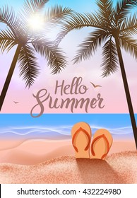Summer beach travel vocation design. Sun beach with sand and sandals. Summer poster flyer.