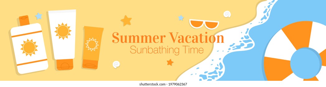 Summer beach travel web banner. Bright colorful sea vacation essentials sunblock cream bottles, sunglasses and swimming rubber. Sea shore shell-strewn sandy beach background. Safe sunbathing banner.