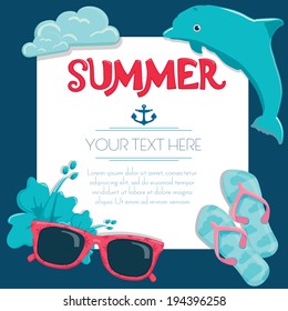 Summer beach and traveling objects background with white sheet in the middle for text message. Vector illustration.