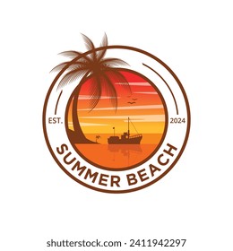 summer, beach and trees logo vintage design premium template vector