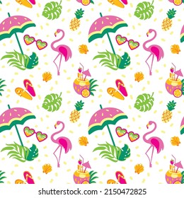 Summer beach, tropical leaves, cocktails, vacation. Seamless pattern.