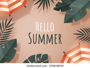 Summer beach with tropical leaves. Hello summer. Illustration on the theme of summer holidays. 