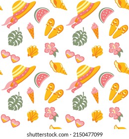 Summer beach, tropical leaves, ice cream, straw hat, vacation. Seamless pattern for fabric, wrapping, textile, wallpaper, apparel. Vector.