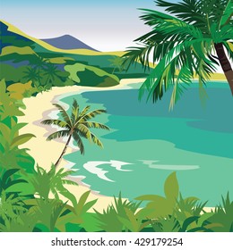 Summer Beach with Tropical Palm trees. Vector background card 