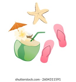 Summer Beach Tropical Pattern With Coconuts Cocktails Starfish And Flip Flops 