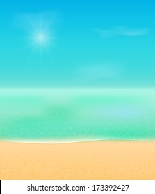 Summer Beach Tropical Sea with Bright Sun and Green Water. Vacation Illustration