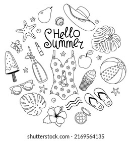 Summer beach tropical set. Swimsuit, popsicle, slates, hibiscus, monstera. Black outline. Vector clipart.