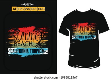 Summer beach tropical and stylish typography t-shirt and apparel trendy design with palm trees silhouettes, sunset, colorful, print, vector illustration. Beach t shirt with grunge texture.