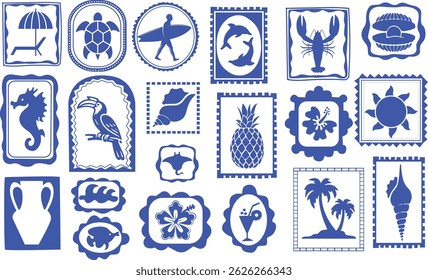Summer beach tropical travel stamp, vector hand drawn ocean surf print set, coastal postage design. Exotic flowers fruit silhouette, vintage Hawaii island tourism symbol. Travel stamp retro graphic 