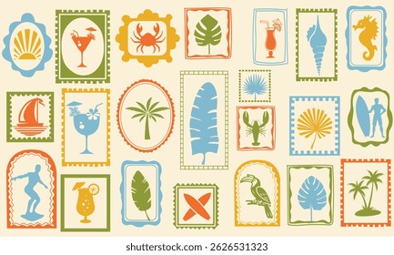Summer beach tropical travel stamp, vector hand drawn ocean surf print set, coastal postage design. Exotic flowers fruit silhouette, vintage Hawaii island tourism symbol. Travel stamp retro graphic 