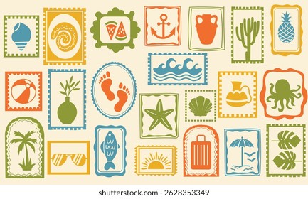 Summer beach tropical travel stamp, vector hand drawn ocean surf print set, coastal postage design. Exotic flowers fruit silhouette, vintage Hawaii island tourism symbol. Travel stamp retro graphic 