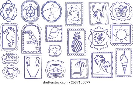 Summer beach tropical travel stamp with crayon, vector hand drawn ocean surf print set, coastal postage design. Exotic flowers fruits, vintage Hawaii island tourism symbol. Travel stamp retro graphic