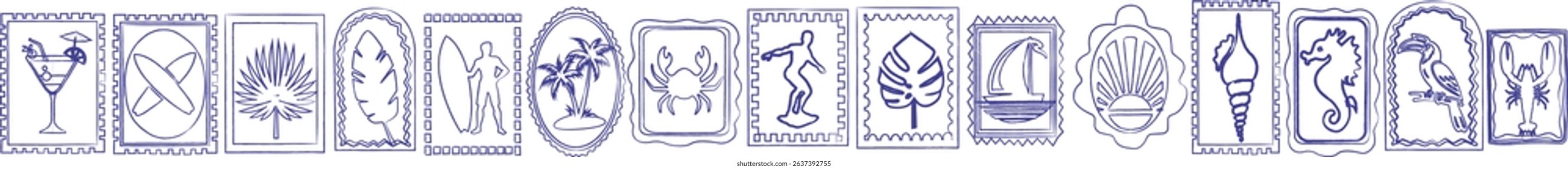Summer beach tropical travel stamp with crayon, vector hand drawn ocean surf print set, coastal postage design. Exotic flowers fruits, vintage Hawaii island tourism symbol. Travel stamp retro graphic