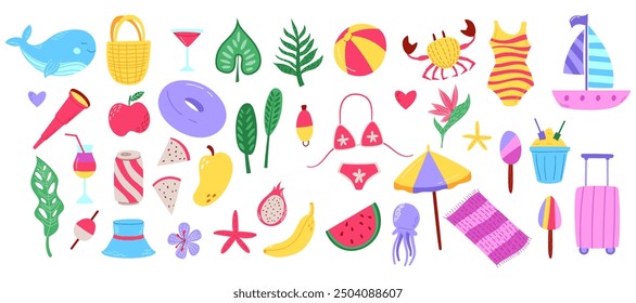 Summer beach. Tropical trip cartoon icons. Hat and bikini. Fresh watermelon. Jungle flower. Fun travel party. Fruit ice cream. Tourists camera. Vacation cute sticker. Vector garish journey badges set