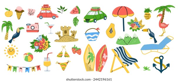 Summer beach tropical trip elements. Big summertime collection of hand drawn stickers. Summer vacation beach trip icons set with tropical birds. 