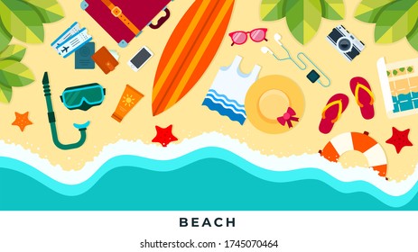 Ilustración vectorial del viaje tropical de playa de verano de diseño plano.