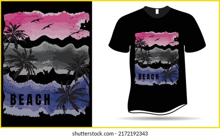 Summer beach t-shirt design template with elements like birds, palm trees, sky, evening scenes and pastel colors has been used. The design is perfect for t-shirt front end printing.