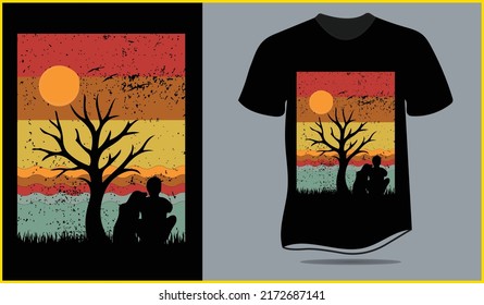 Summer beach t-shirt design vector illustration. Man and his dog watching the sunset in the beach sitting under a tree.