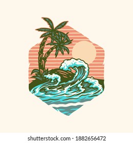 Summer beach t-shirt graphic design, hand drawn line style with digital color, vector illustration