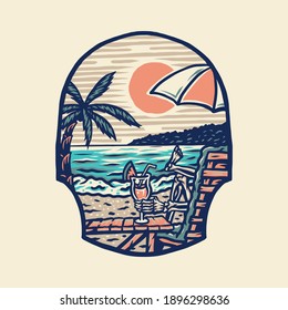 Summer beach t-shirt graphic design, hand drawn line style with digital color, vector illustration
