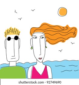 The summer. The beach. Two of them. The sea. Happy holidays. Vector illustration.