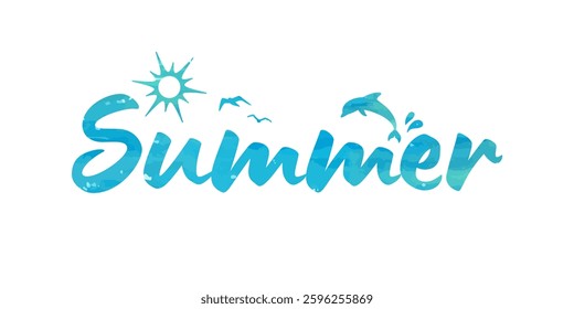 Summer beach typography with hand drawn sea color illustration and handwritten calligraphy text. Vector illustration.