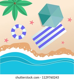 Summer Beach Umbrella Blue Beach Mat Swimming Tire Background Vector Image
