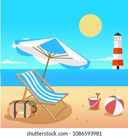 Summer Beach Umbrella Chair Beach Ball Lighthouse Background Vector Image
