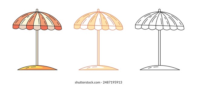 Summer beach umbrella, colorful and line icons set. Sun protection, vacation and travel concept, vector flat outline icon, monochrome and color illustration. For logo, sticker, coloring book, label