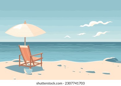 Playa de verano con paraguas. Diseño plano, fondo de playa, arena