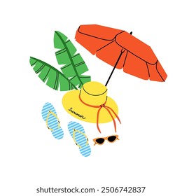 Summer beach. Umbrella, hat and sunglasses. Flip flops and tropical leaves. Summertime holiday journey. Sea vacation, Composition, card or poster. Vector cartoon flat isolated illustration