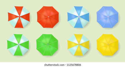 Summer beach umbrella icon set. Vector top view illustration isolated on white background.