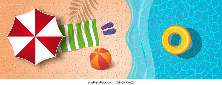 Summer beach with a beach umbrella, life preserver, flip flops, waves and palm shadows. Summer beach top view. Summer rest. Vector illustration