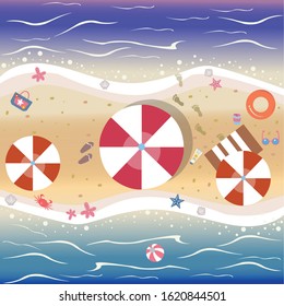 Summer Beach with umbrella, rubber ring, starfish, seashell, flip flops. Vector Illustration