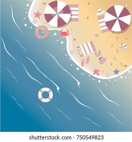 Summer Beach with umbrella, rubber ring, starfish, seashell, flip flops. Vector Illustration