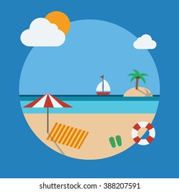 Summer beach with umbrella, sail, coconut tree, island, flip flop,.beach towel Flat design.