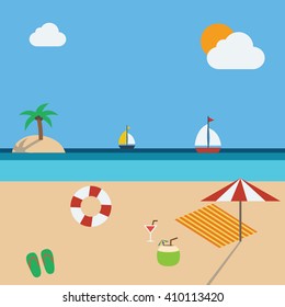 Summer beach with umbrella, sail, coconut tree, island, flip flop,.beach towel Flat design.
