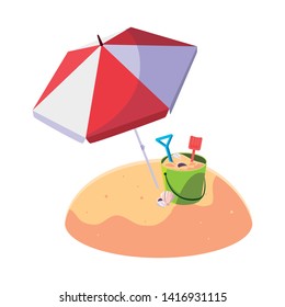 summer beach with umbrella and sand bucket toys