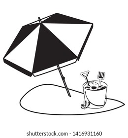 summer beach with umbrella and sand bucket toys