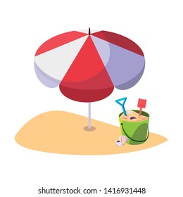 summer beach with umbrella and sand bucket toys