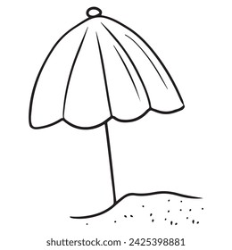 Summer beach umbrella standing in the sand in black isolated on white background. Hand drawn vector sketch doodle illustration in vintage engraved style. Sunbathe, tan, summer sea vacation, travel.