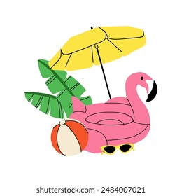 Summer beach. Umbrella, sun lounger, inflatable flamingo ring and hat. Sunglasses. Summertime holiday journey. Sea vacation print composition, card or poster. Vector cartoon flat isolated illustration