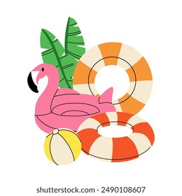 Summer beach. Umbrella, sun lounger, inflatable flamingo ring and hat. Sunglasses. Summertime holiday journey. Sea vacation print composition, card or poster. Vector cartoon flat isolated illustration