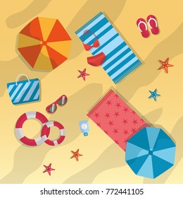 summer beach umbrella towels sunglasses starfish bag lifebuoy swimsuit