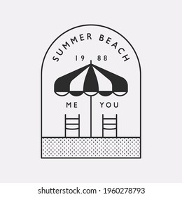 Summer beach umbrella and two beach chairs. Black color hipster design illustration logo.